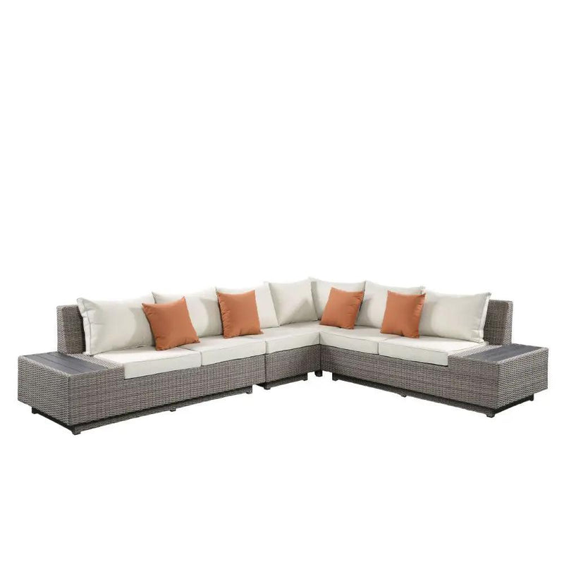 Salena - Patio Sectional Sofa With 4 Pillows & Coffee Table - Beige Fabric & Gray Wicker by Unique Piece Furniture