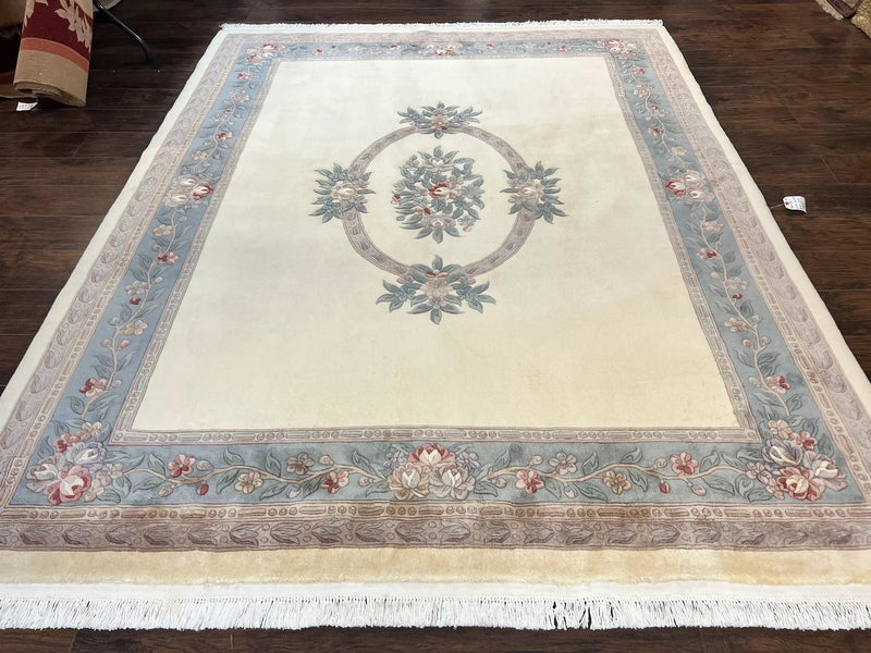 Chinese Carving Rug 8x10, Chinese Wool Carpet 8 x 10, Cream, 120 Line Rug, Vintage Handmade Art Deco Asian Oriental Rug, Aubusson Rug by Jewel Rugs