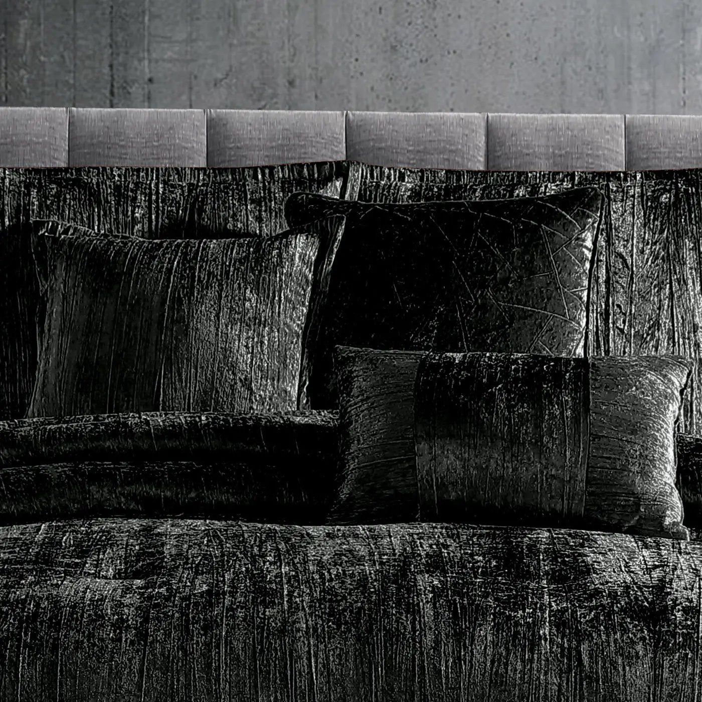 Turin 7 Piece Black Crinkle Velvet Comforter Set by HouseOfZazla