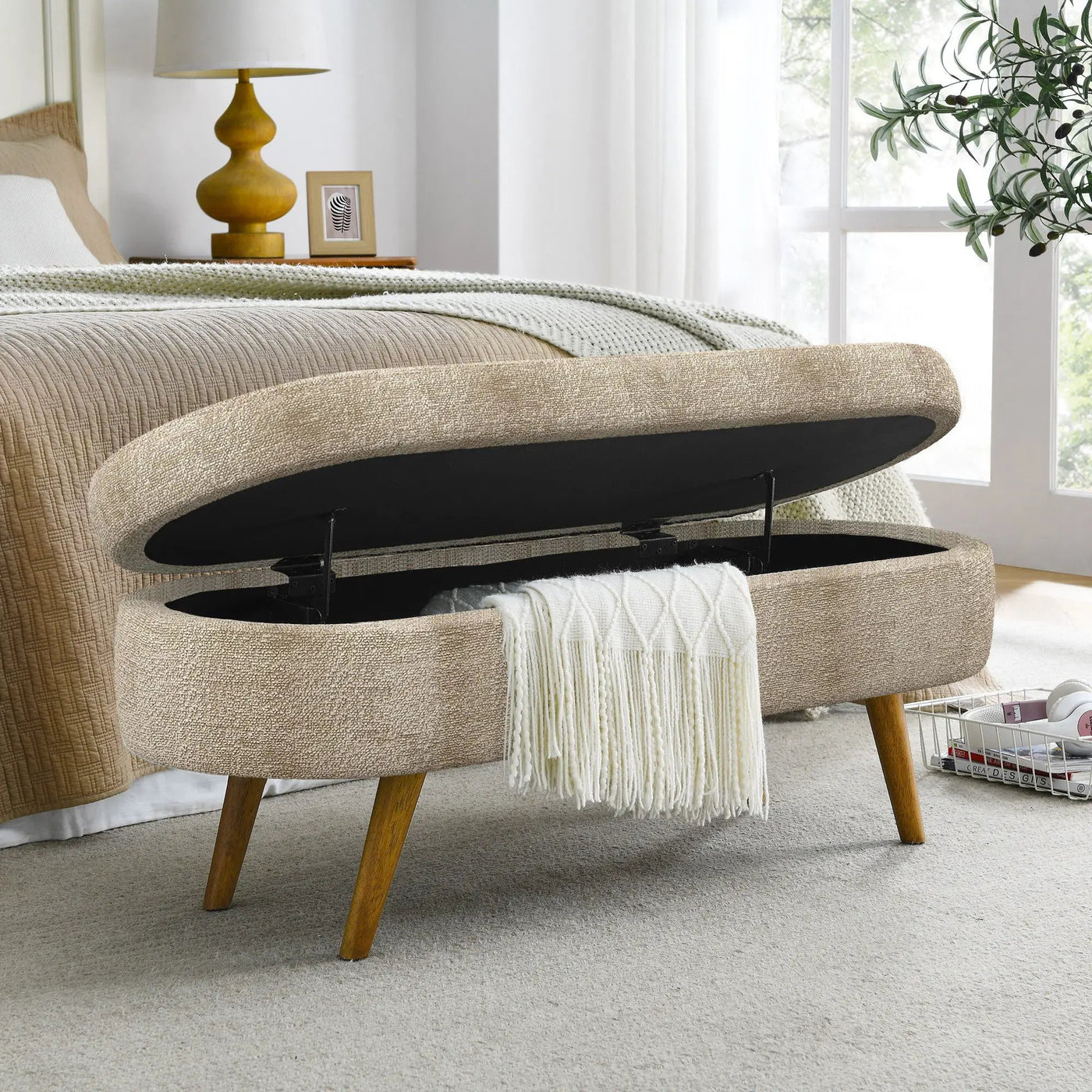 Modern Ottoman Oval Storage Bench With Rubber Wood Legs by Unique Piece Furniture