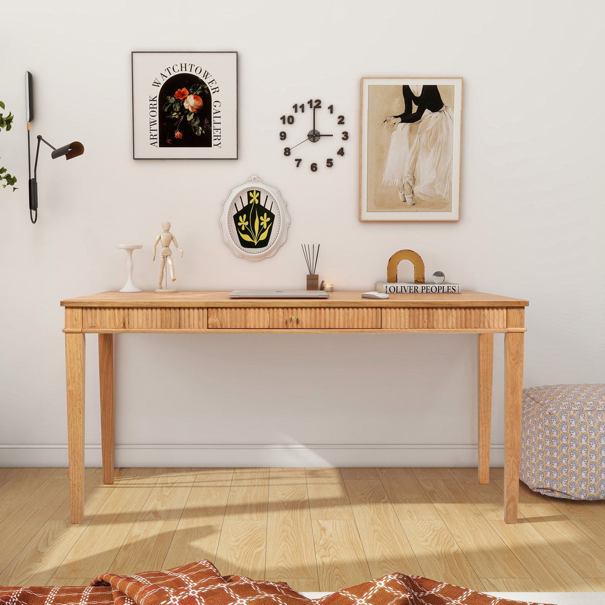 Modern Farmhouse 1 Drawer Fluted Writing Desk with Generous Workspace - Natural Blonde, photo 4 of 7
