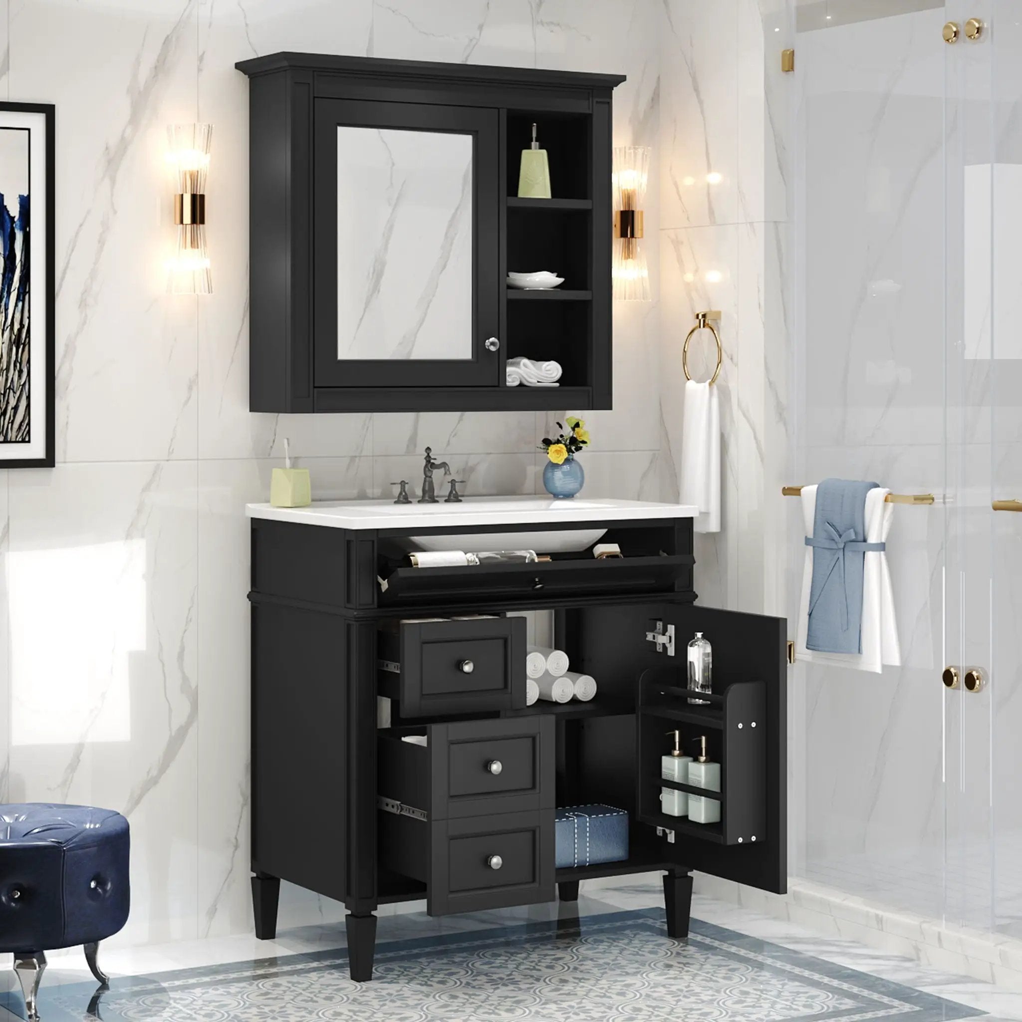Bathroom Vanity With Medicine Cabinet, Royal Mirror Cabinet, Modern Bathroom Storage Cabinet With 2 Soft Closing Doors And 4 Drawers by Unique Piece Furniture