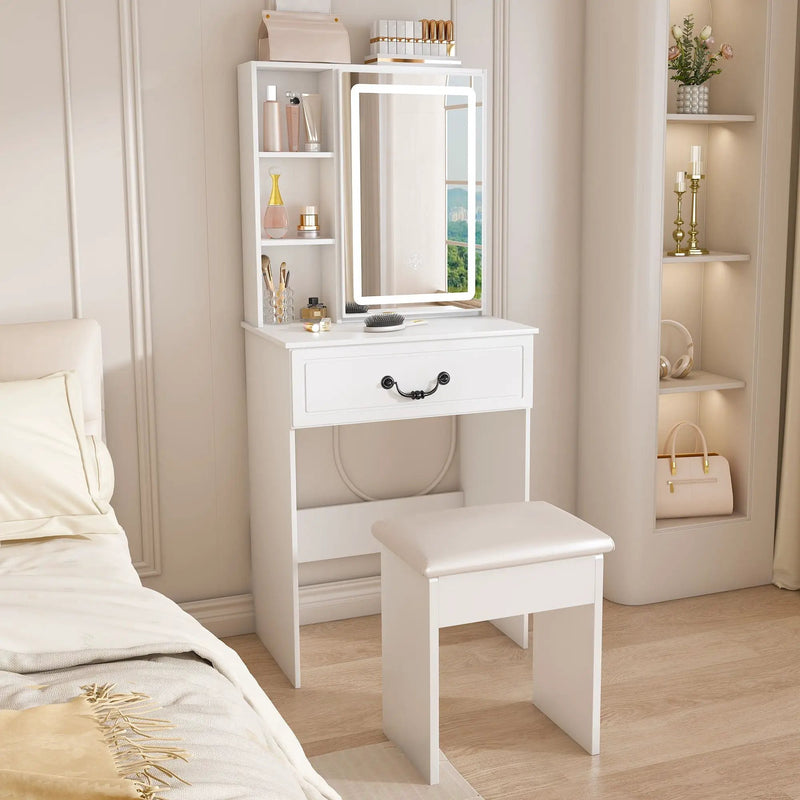 Modern Mini Dressing Table With Led-Lit Mirror & Hidden Storage, Adjustable Brightness Vanity Desk - White by HouseOfZazla