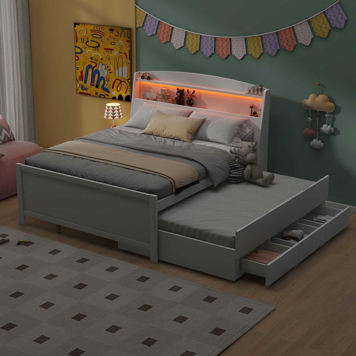 Full Size Platform Bed with Storage LED Headboard and Twin Trundle - White, photo 14 of 18