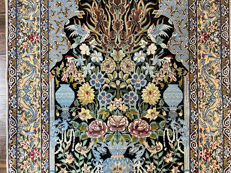 Wonderful Persian Isfahan Rug 3.7 x 5, Kork Wool on Silk Foundation, Very Fine 460 KPSI, Tree of Life Persian Vase Design Animal Pictorials Peacocks by Jewel Rugs