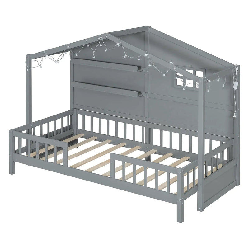 House Bed With Shelves, Window And Sparkling Light Strip On The Roof by HouseOfZazla