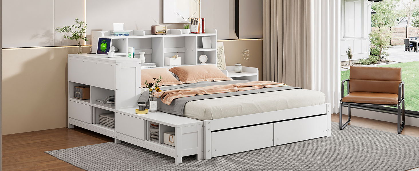 Platform Bed With Multi Functional Storage Space, Nightstand, 2 Drawers, USB Ports And Desk by HouseOfZazla