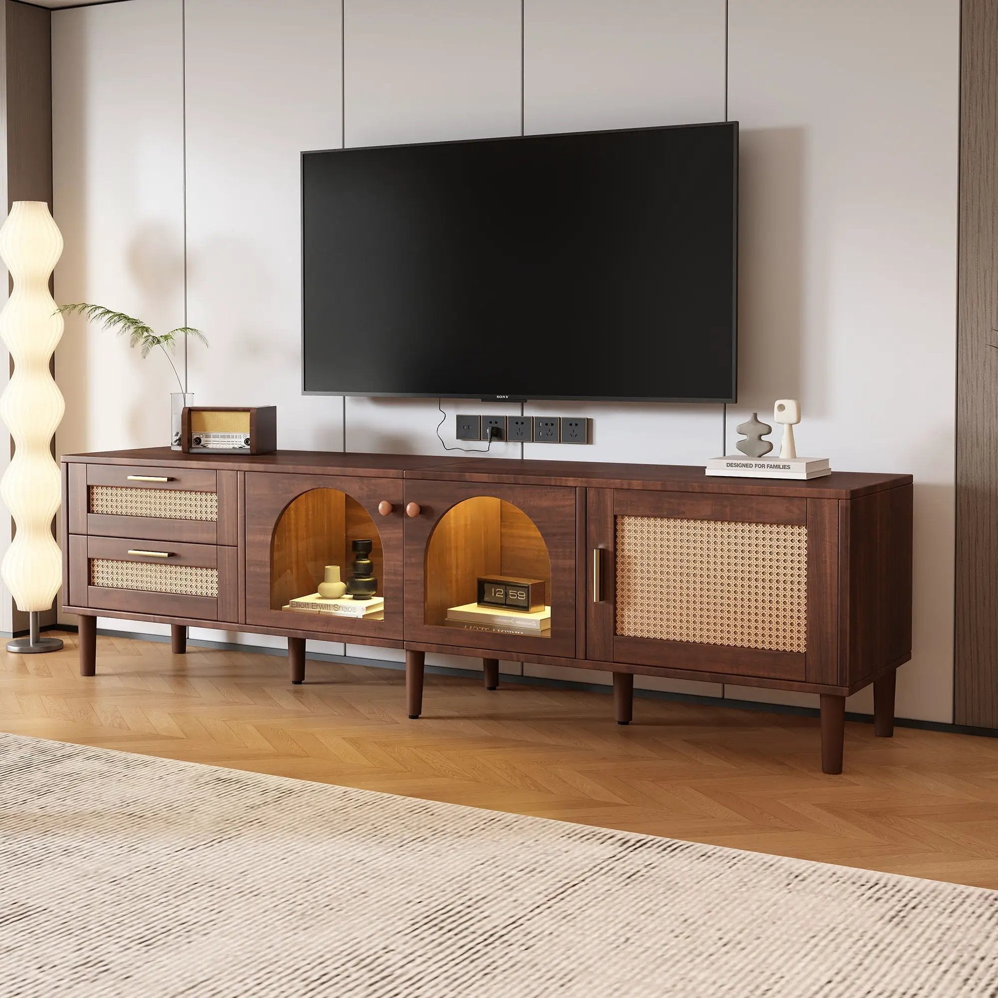 TV Stand With 3 Cabinets & 2 Drawers, LED Light Media Console For TVs Up To 80" - Dark Brown by Unique Piece Furniture
