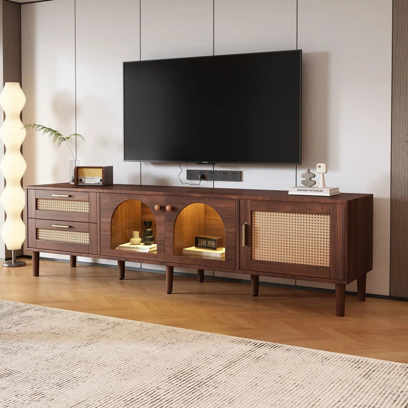 TV Stand With 3 Cabinets & 2 Drawers, LED Light Media Console For TVs Up To 80" - Dark Brown by Unique Piece Furniture