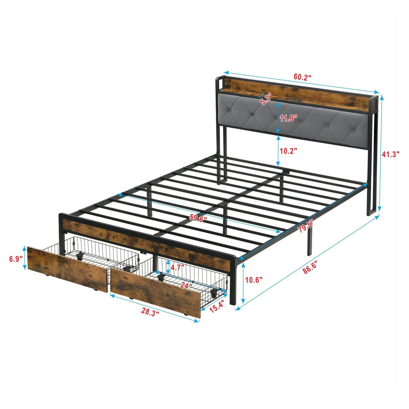 Modern Bed Frame With LED Lights, Upholstered Headboard, USB Charging by HouseOfZazla