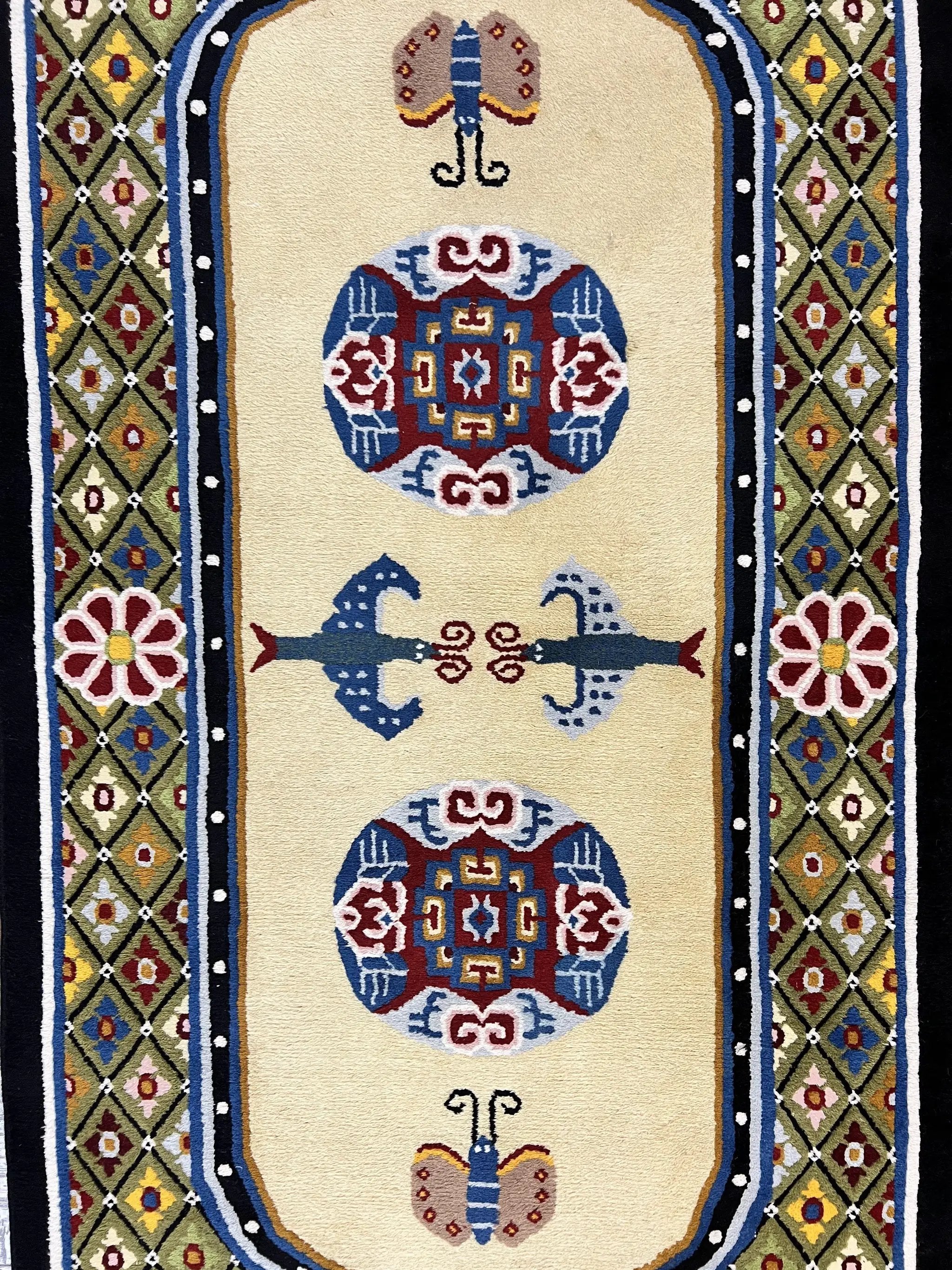 Chinese Rug 3x6 ft, Chinese Wool Rug, Tiensin Rug, Handmade Wool 3 x 6 Vintage Peking Rug, Art Deco Rug, Butterflies by Jewel Rugs