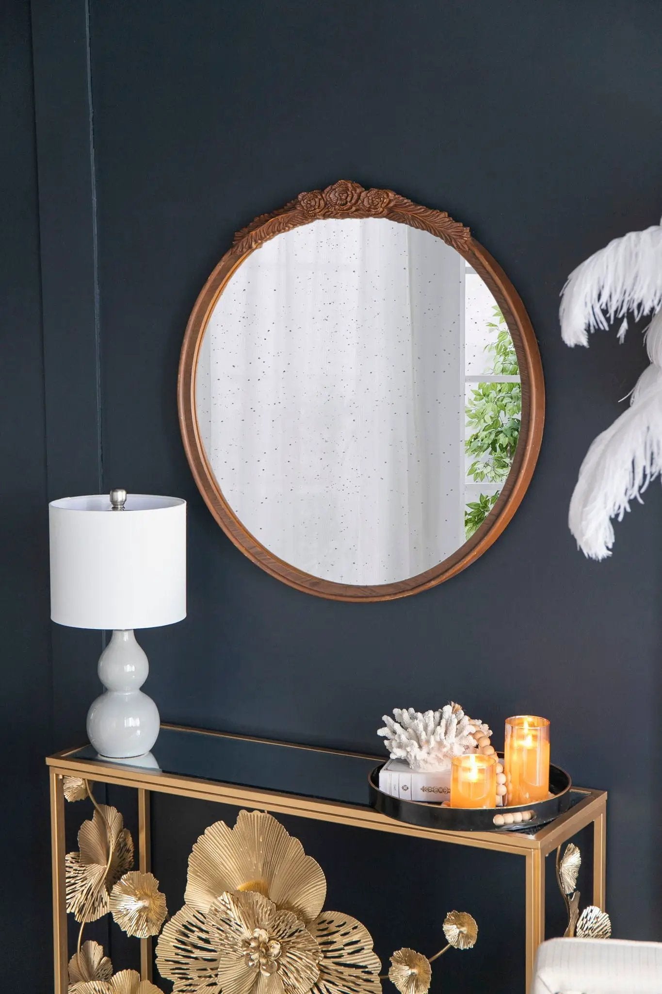 Round Hand Carved Rose Antique Mirror Frame, Wall Mirror For Live Space by HouseOfZazla