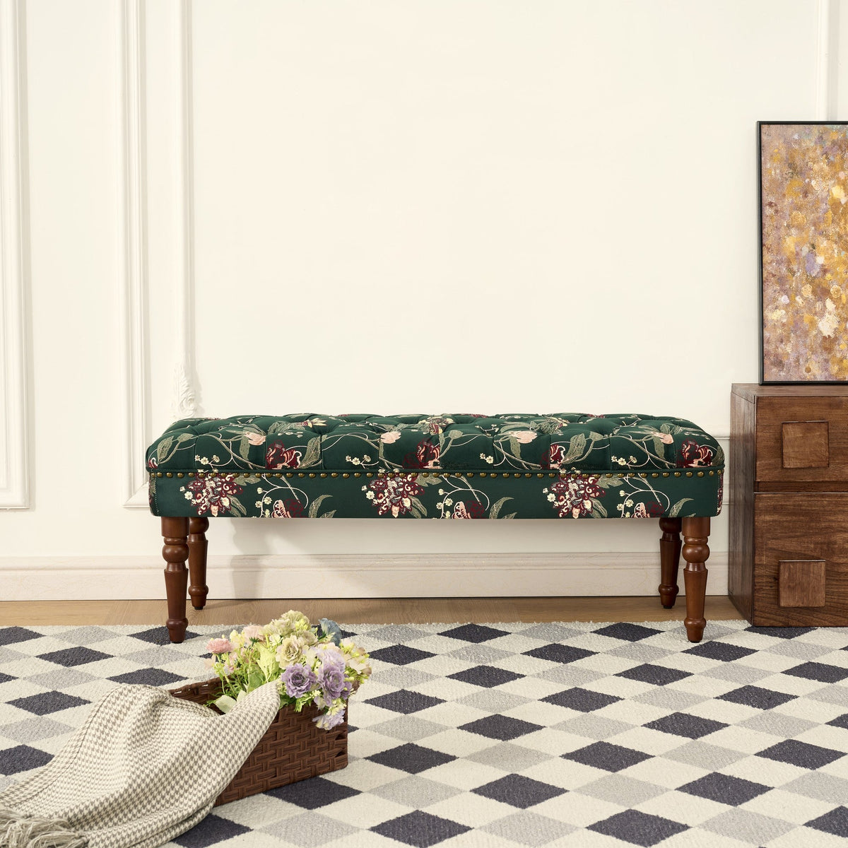 European Style Tufted Floral Bench with Turned Wood Legs - Wine Red, Green, Tiffany Blue, photo 2 of 10
