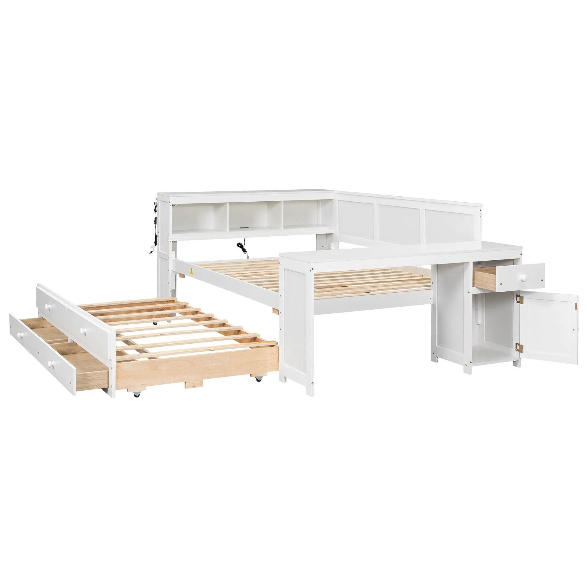 Daybed With Storage Shelves, Drawers, Trundle, Charging Station, LED Light, Desk And Cabinet by HouseOfZazla