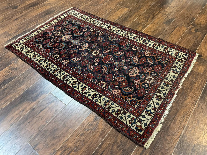 Navy Blue Antique Persian Rug 3x6, Blue and Ivory Persian Carpet, Handmade 1920s Hamadan Rug by Jewel Rugs