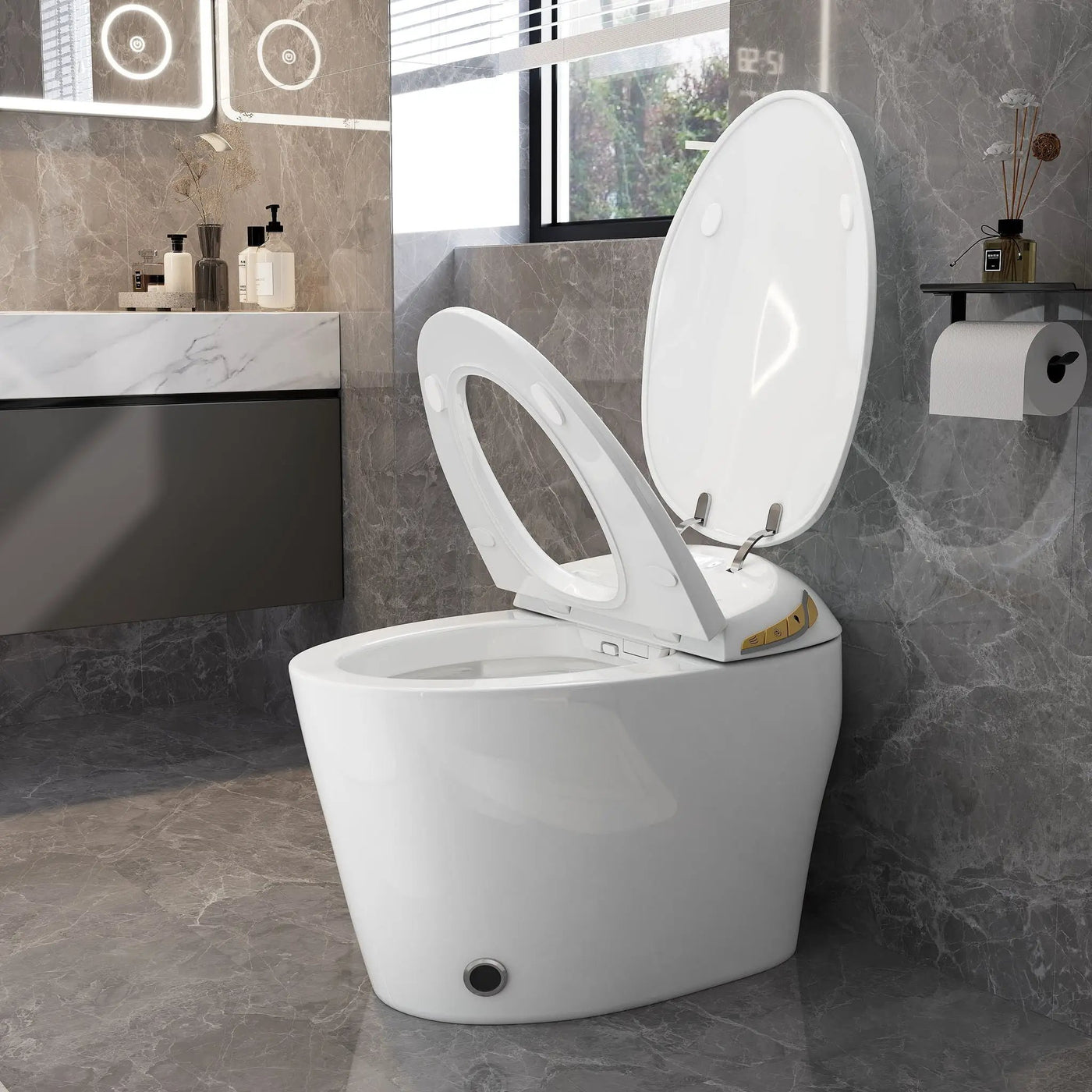 Unique Smart Toile With Built In Bidet, Auto Open / Close Seat, Foot Sensor, LED Display, Night Light, Warm Water & Dryer Ceramic by HouseOfZazla