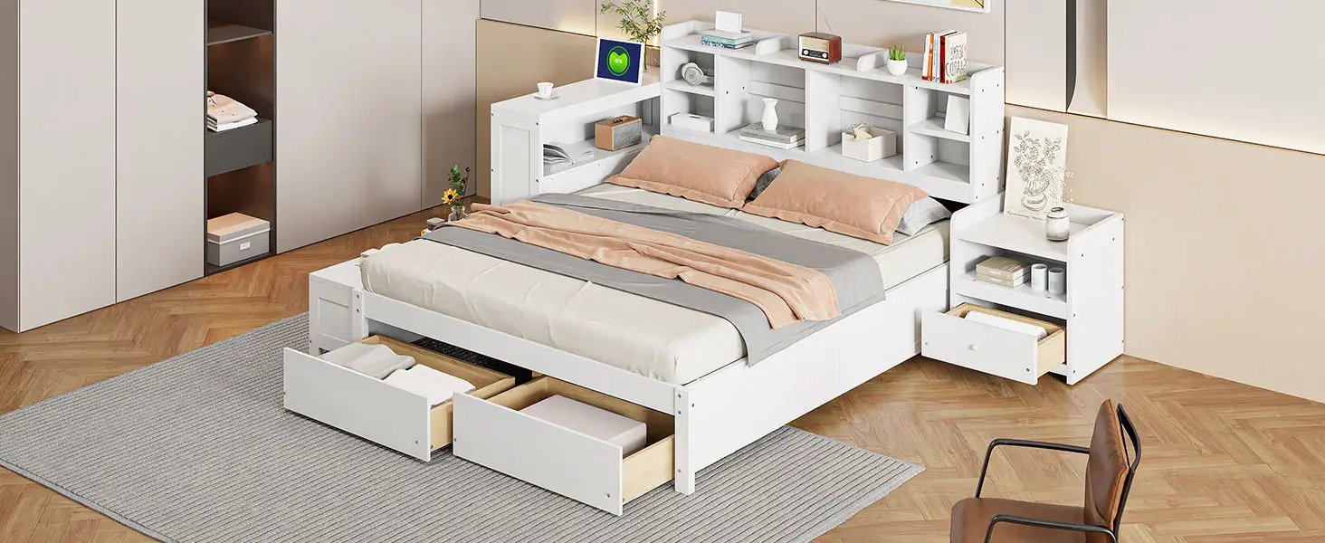 Platform Bed With Multi Functional Storage Space, Nightstand, 2 Drawers, USB Ports And Desk by HouseOfZazla