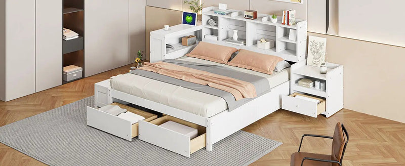 Platform Bed With Multi Functional Storage Space, Nightstand, 2 Drawers, USB Ports And Desk by HouseOfZazla