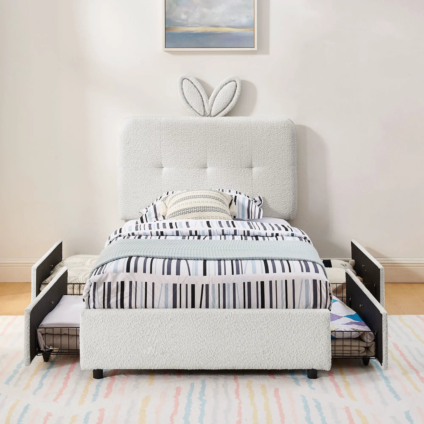 Upholstered Bed With Oversized Rabbit Ear Headboard, LED Lights & 4 Storage Drawers by HouseOfZazla