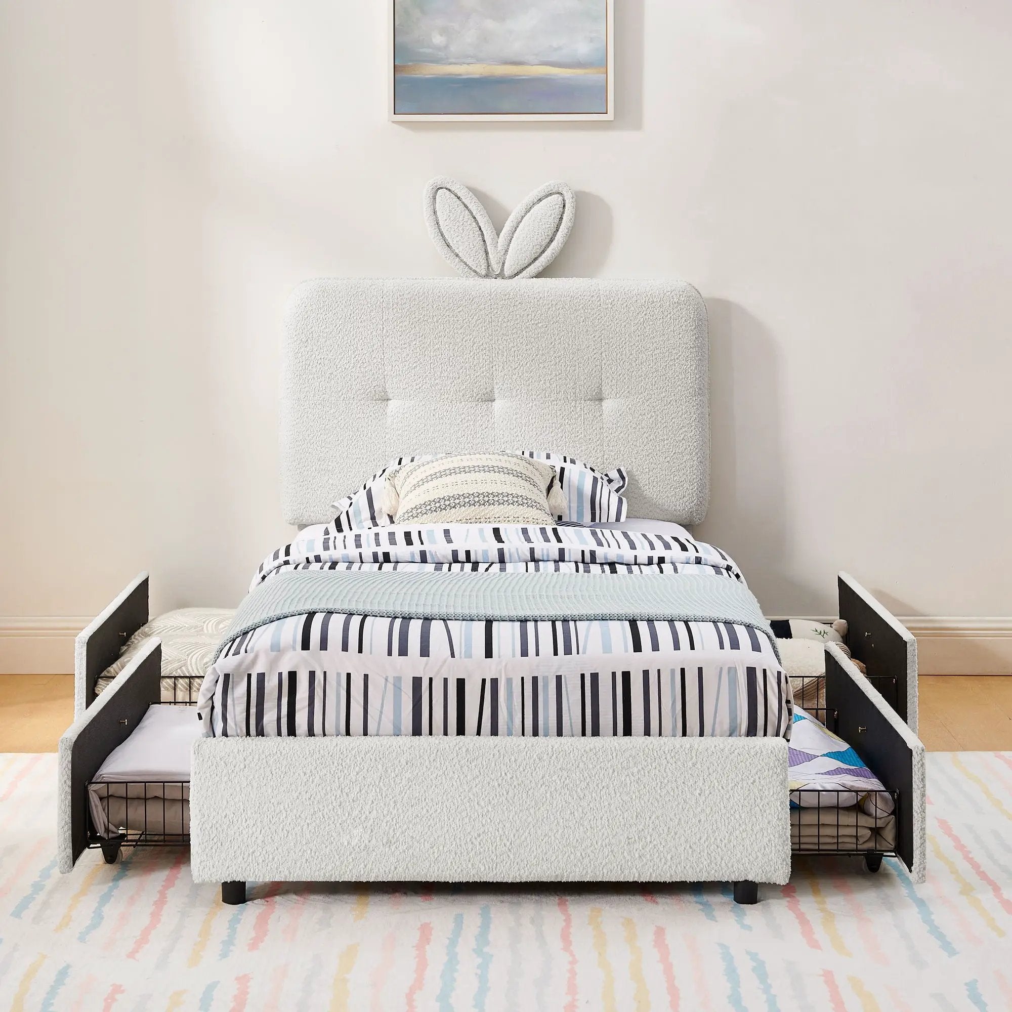 Upholstered Bed With Oversized Rabbit Ear Headboard, LED Lights & 4 Storage Drawers by Unique Piece Furniture