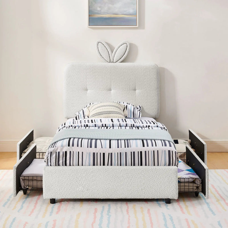 Upholstered Bed With Oversized Rabbit Ear Headboard, LED Lights & 4 Storage Drawers by Unique Piece Furniture