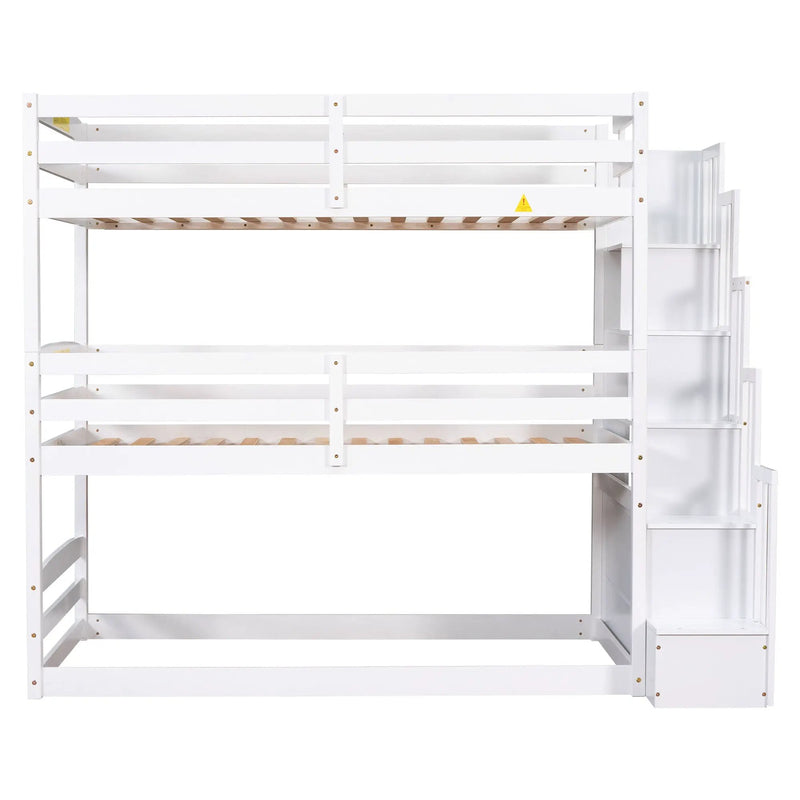 Twin Size Triple Bunk Bed With Storage Staircase, Separate Design - White by HouseOfZazla