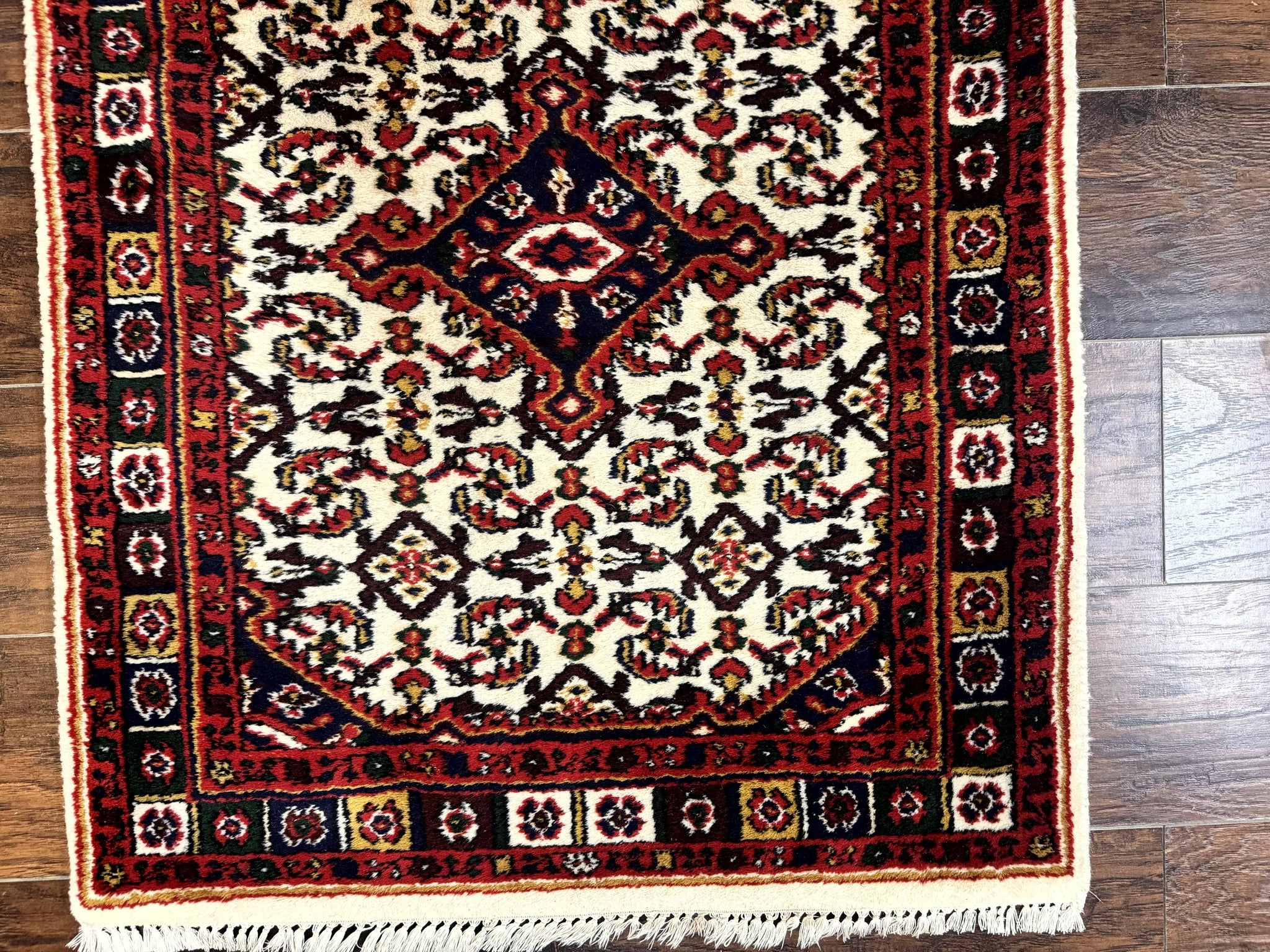 Indo Persian Bidjar Runner Rug 2.8 x 10, Vintage Rug for Hallway, 10ft Runner, Wool Handmade Ivory and Red, Medallions by Jewel Rugs
