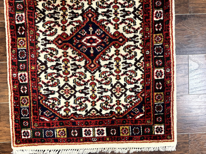 Indo Persian Bidjar Runner Rug 2.8 x 10, Vintage Rug for Hallway, 10ft Runner, Wool Handmade Ivory and Red, Medallions by Jewel Rugs