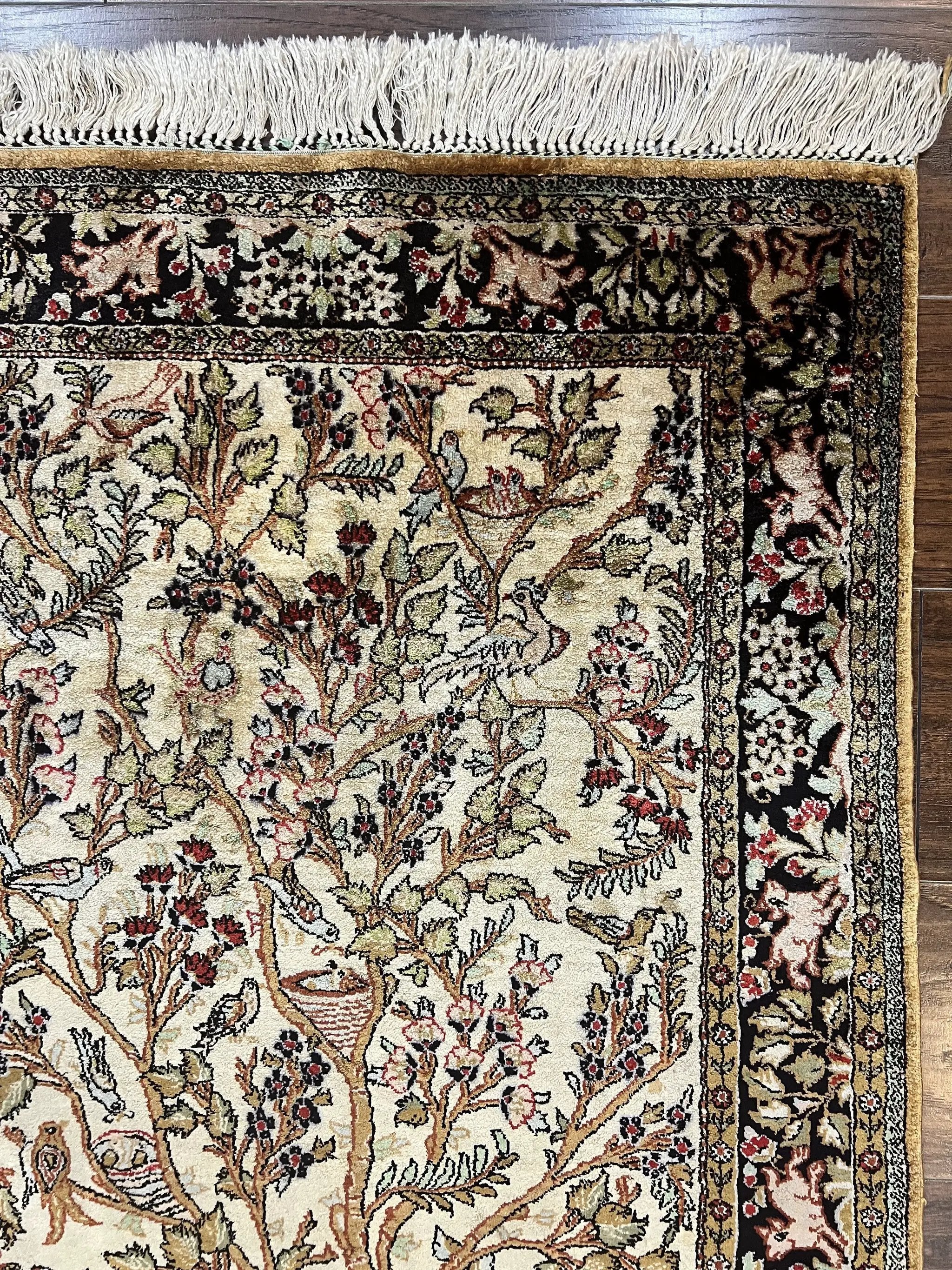 Silk Tree of Life Persian Qum Rug 3x4, Hand Knotted Vintage Carpet, Cream & Black, Very Fine Oriental Rug, Animal Pictorials, Birds by Jewel Rugs
