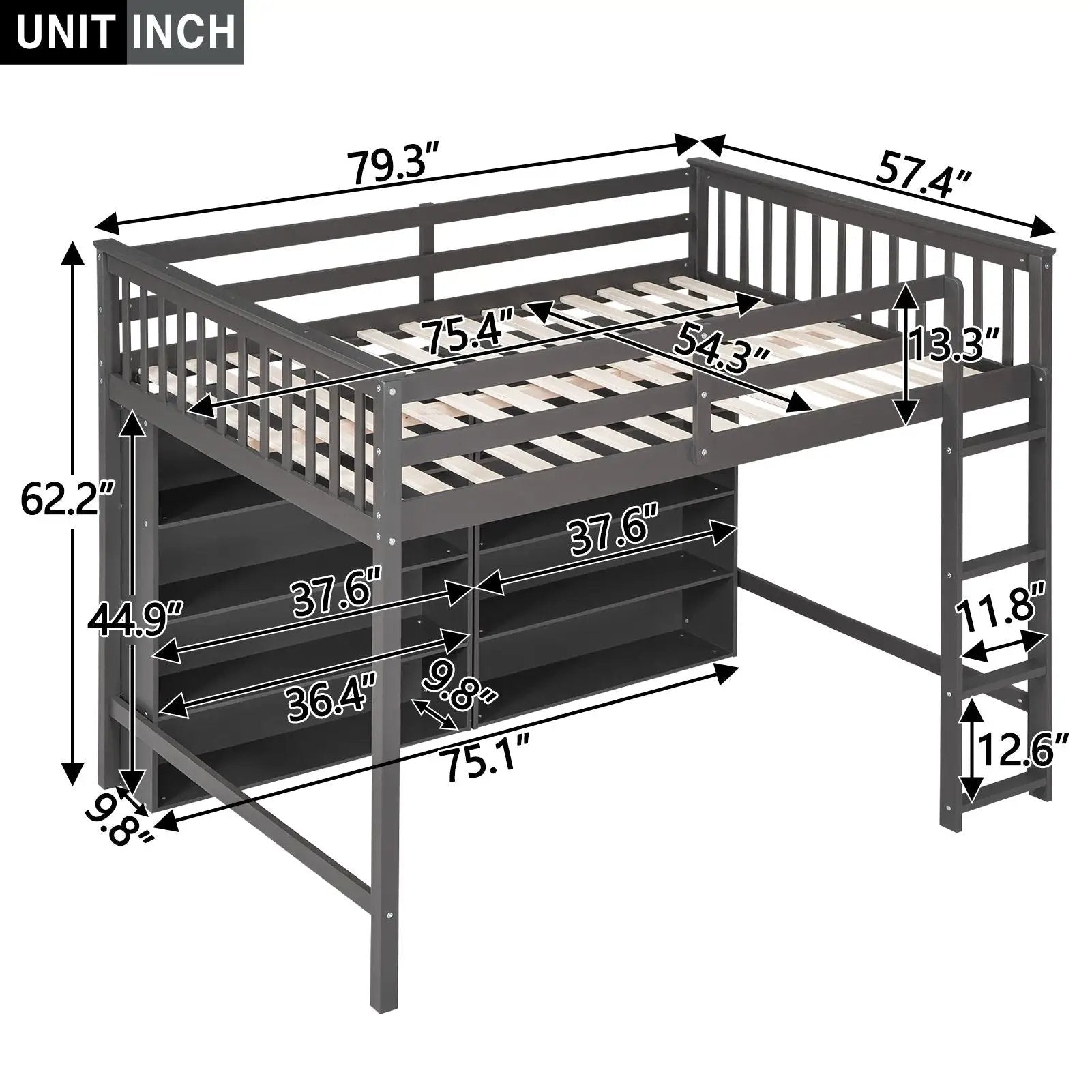 Loft Bed With 8 Open Storage Shelves And Built In Ladder by Unique Piece Furniture