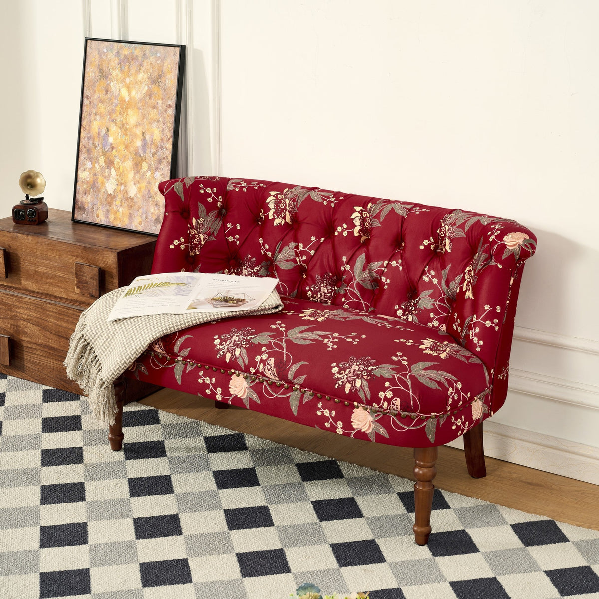 European Style Wine Red Sofa Chair with Floral Print – Wine Red, photo 3 of 10