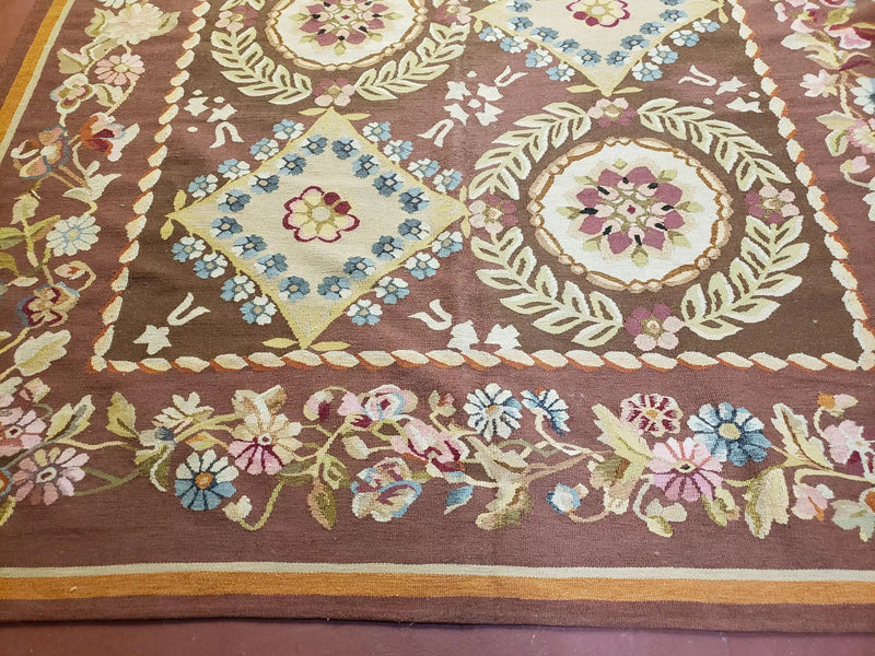 Aubusson Rug 6 x 9 Flat Weave Area Carpet European Design Flowers New Brown Rug Handmade Wool Hand-Knotted Aubusson Weave Medium Rug 6x9 by Jewel Rugs