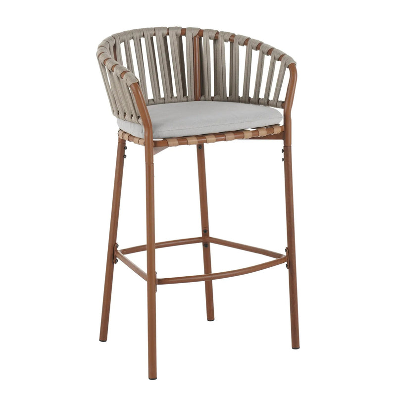 Lodi Outdoor Metal Rope Barstool, Teak Finished Frame and Beige Cushion, Set of 4 by HouseOfZazla
