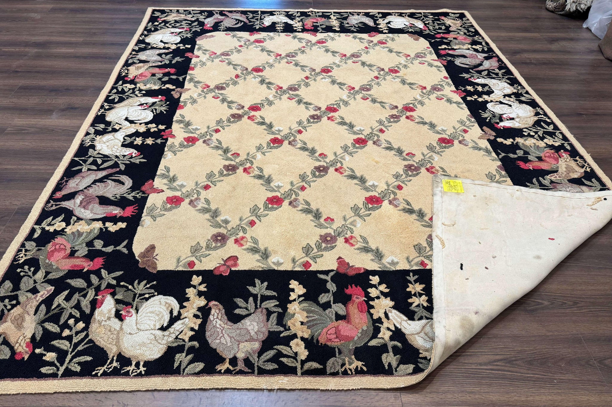 Vintage Hooked Rug 7x9, Rosters in Border, Roses and Butterflies by Jewel Rugs