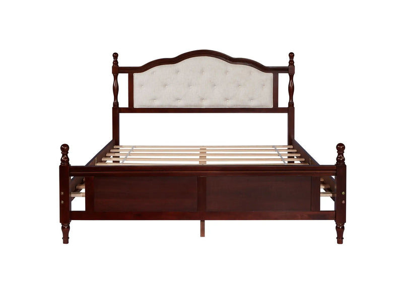 Pine Wooden Bed With Upholstered Headboard And Panel Footboard, With Two Bed Rail Support Feet And Central Platform Support Feet by HouseOfZazla