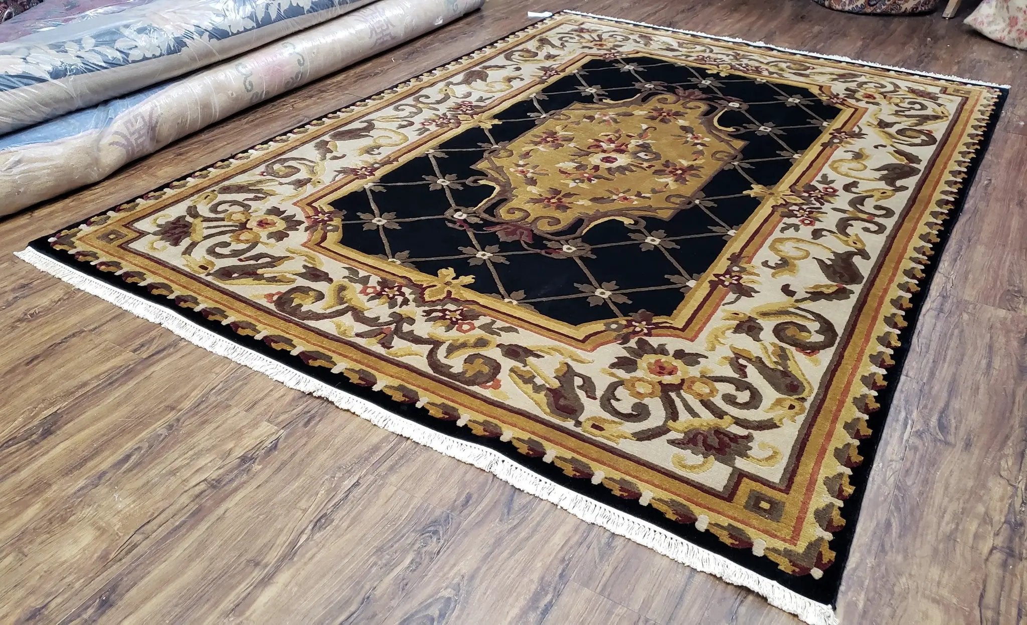 Nepal Rug 6x9, Nepalese Aubusson Area Rug 6 x 9, Hand-Knotted Wool Soft Pile Black & Beige Tibetan Aubusson New Carpet European Savonnerie by Jewel Rugs