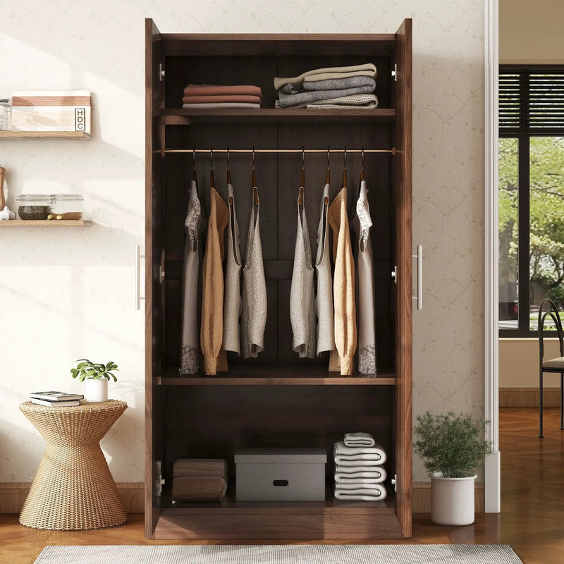 2 Door Wooden Wardrobe Armoire With 3 Storage Shelves - Brown by Unique Piece Furniture