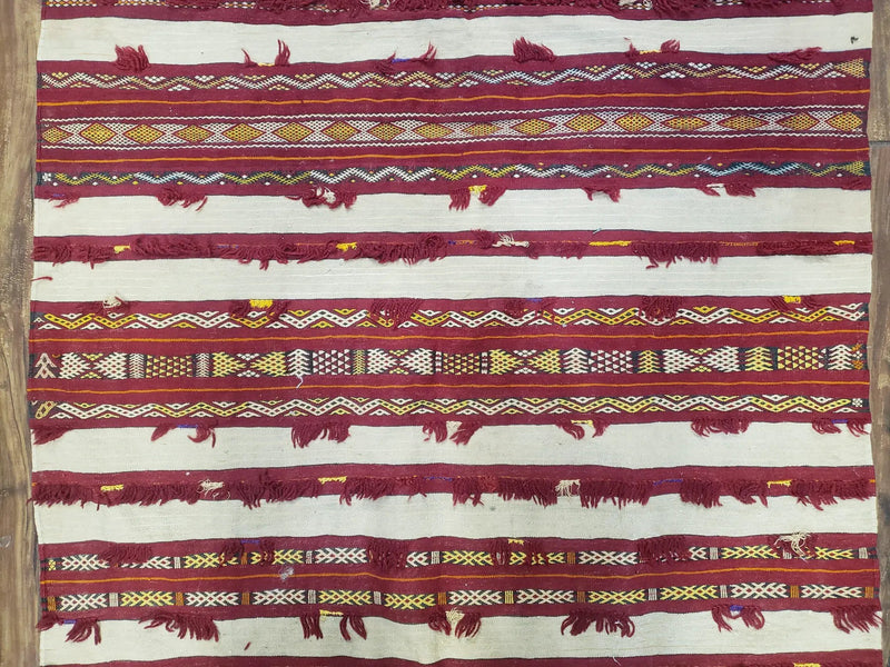 Antique Turkoman Yamud Rug 3x5 ft, 1920s Turkmen Sofreh Table Cover, Bohemian Rug, Tribal Collectible, Striped Rug, Handmade Ivory and Red by Jewel Rugs