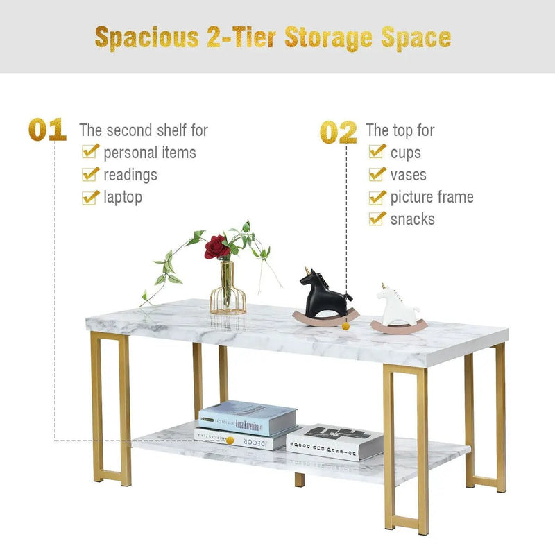 2-Tier Rectangular Modern Coffee Table with Gold Print Metal Frame by DirectDeals