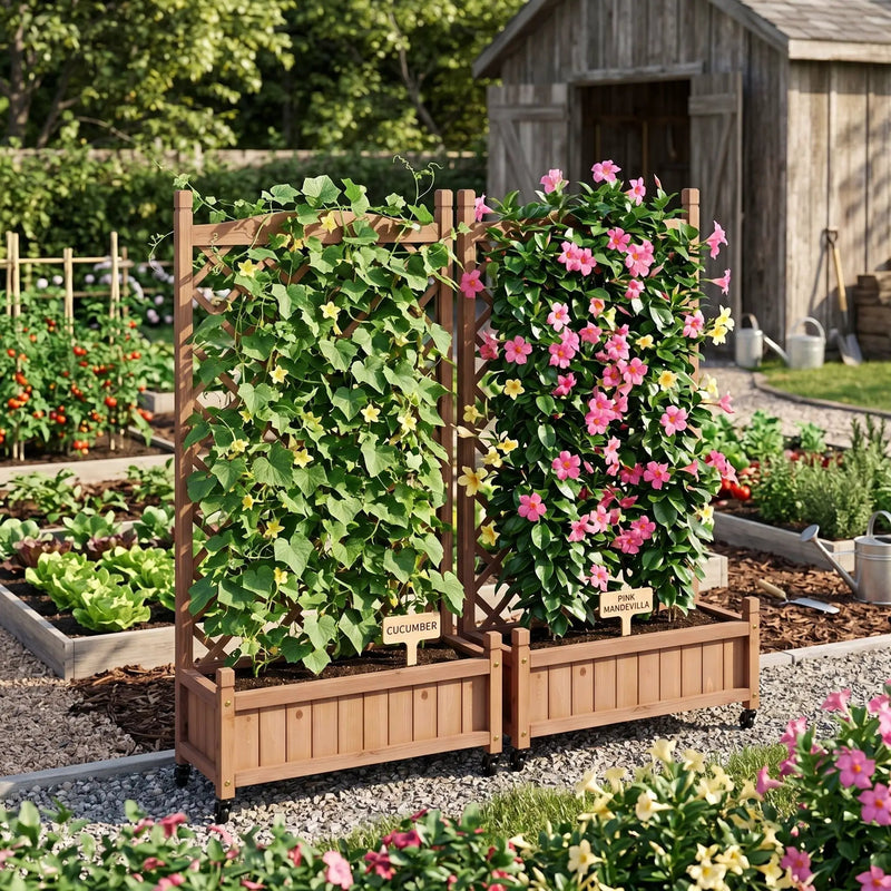 Raised Garden Bed With Trellis 2 Pack, Outdoor Planter Box & Plant Stand With Climbing Racks - Brown by Unique Piece Furniture