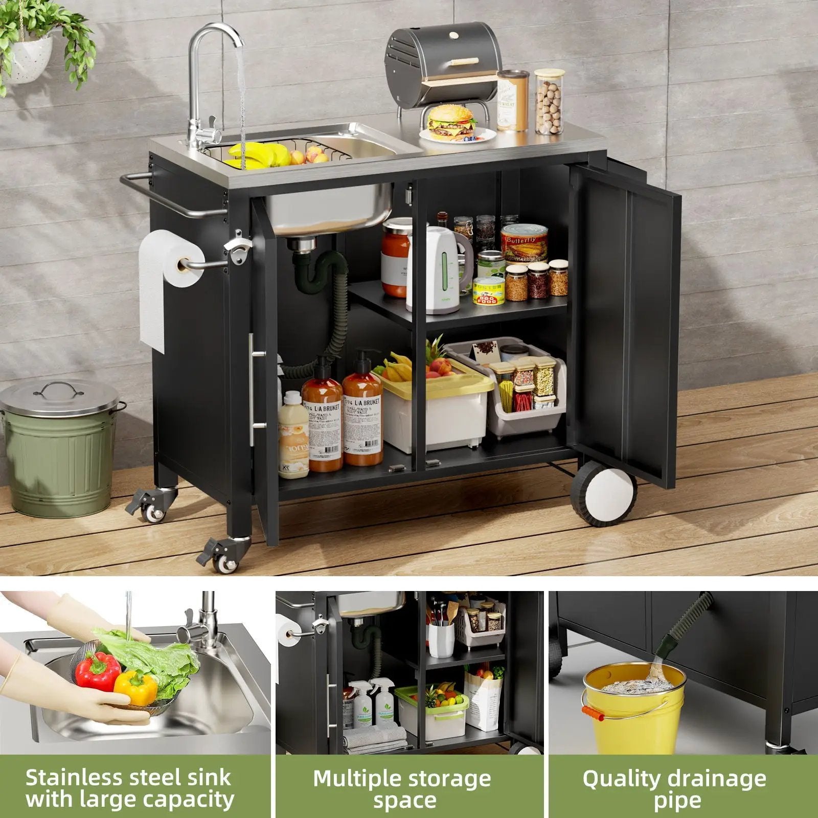 Outdoor Grill Table With Sink, Grill Cart With Sink And Cabinet With Wheels - Black / Silver by HouseOfZazla