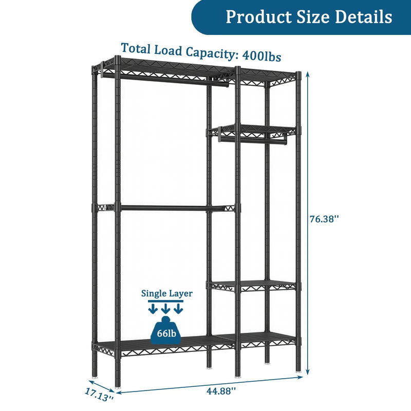 Freestanding Clothes Rack With 6 Adjustable Wire Shelves And 3 Garment Rails - Black by HouseOfZazla