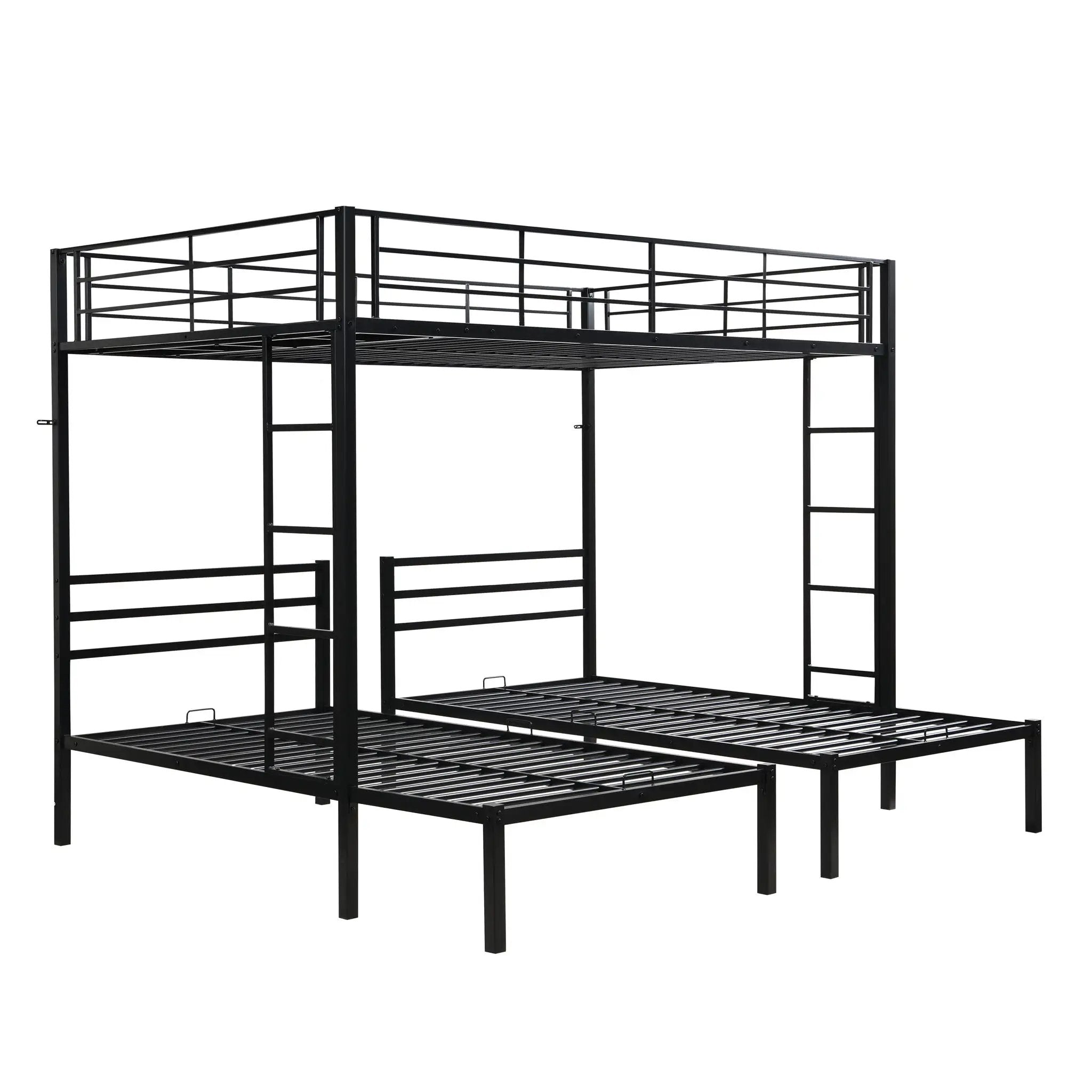 Modern Metal Triple Bunk Bed With Vertical Ladder, Safety Rail, And Storage Shelf - Black by Unique Piece Furniture