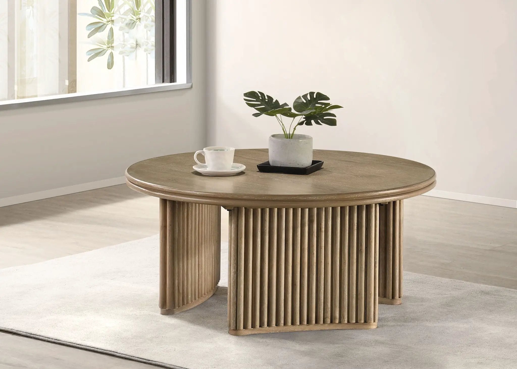 Adina 36-inch Round Wood Coffee Table Distressed Light Brown by Unique Piece Furniture