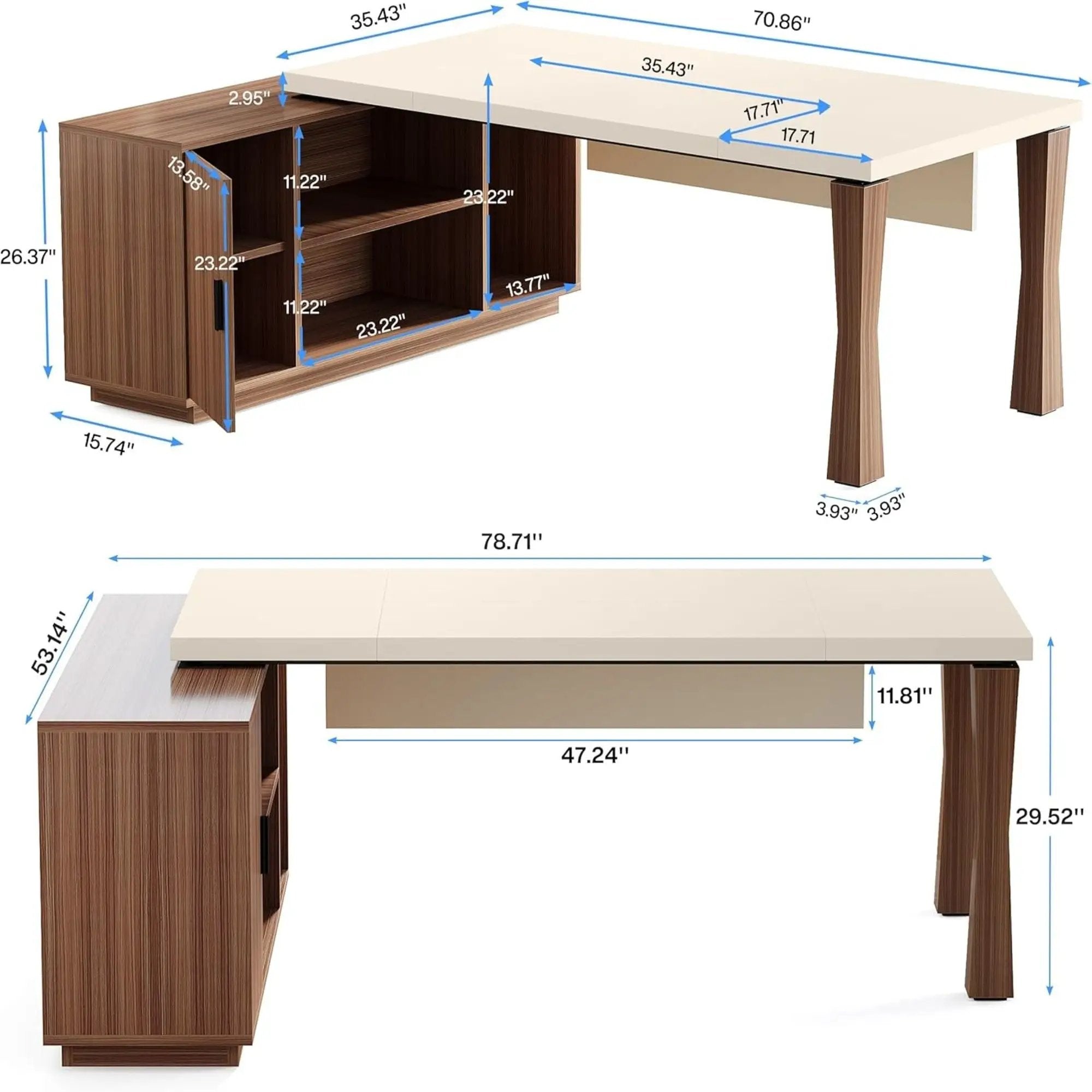 L-Shaped Executive Desk With Storage Cabinet, Home Office Workstation With Shelves - White / Walnut by HouseOfZazla