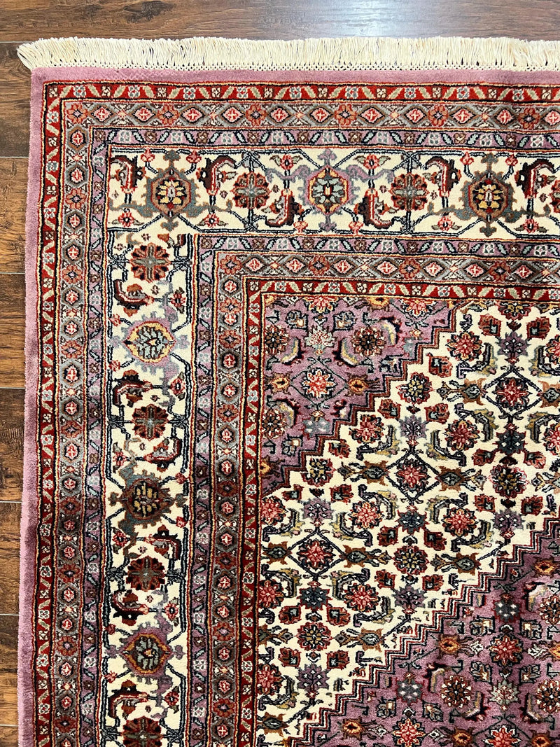 Indo Persian Bidjar Rug 8x10, Purple and Ivory Hand Knotted Wool Vintage Oriental Carpet, Herati Mahi Pattern, 8 x 10 Traditional Fine Rug by Jewel Rugs
