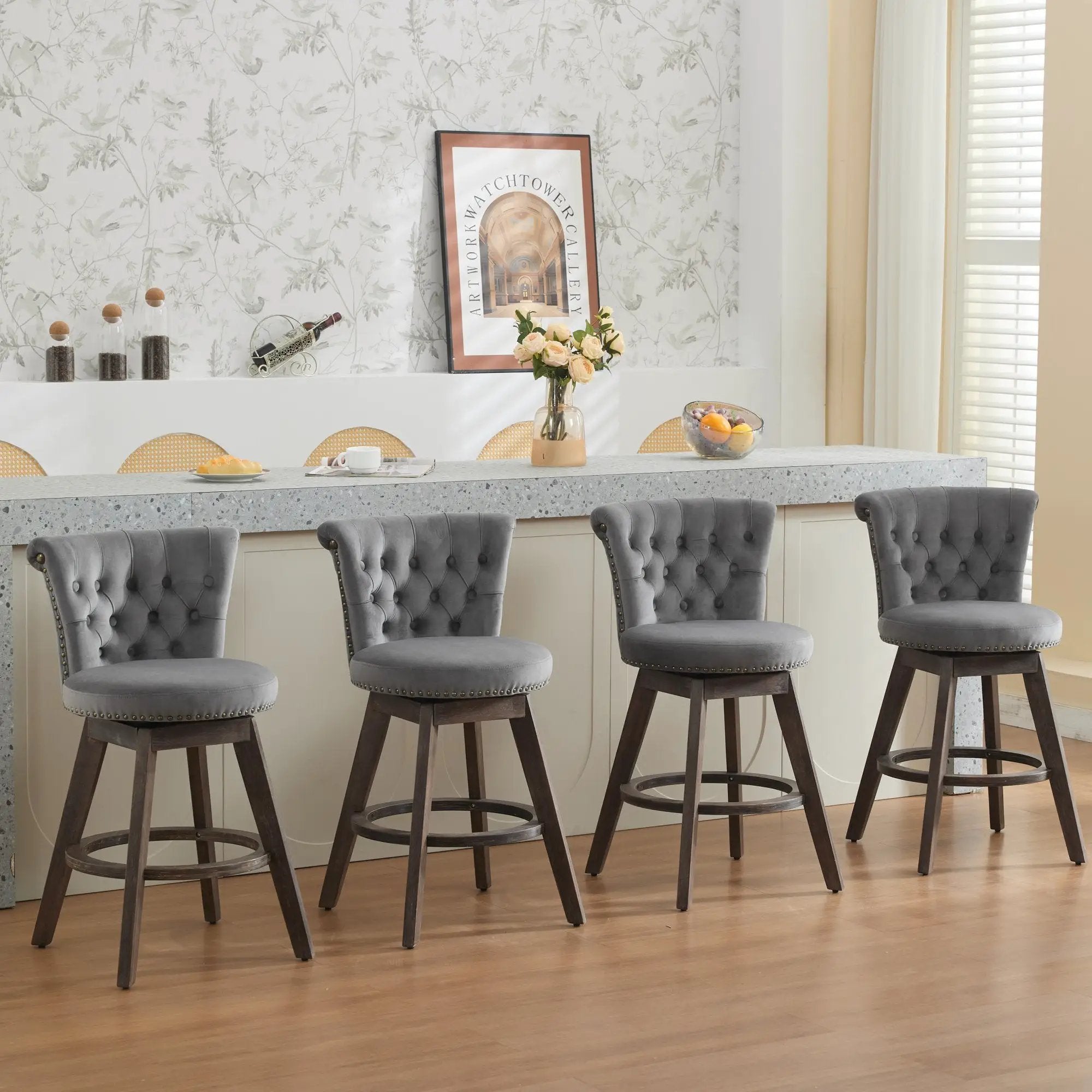 26" Counter Height Bar Stools Set of 2 with 360° Swivel and Velvet Upholstery by HouseOfZazla