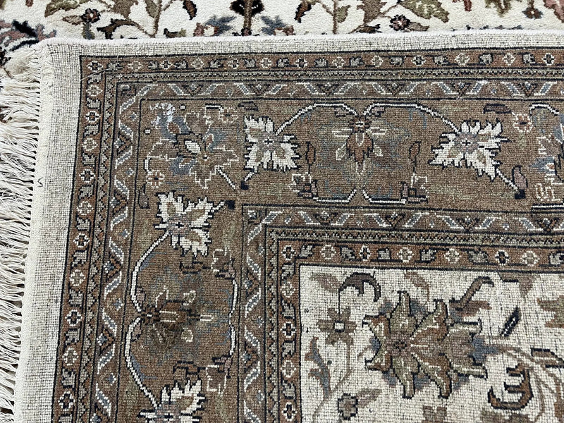 Indo Kirman Rug 8x12 Allover Floral Design, Ivory/Cream Brown, Vintage Handmade Hand Knotted Rug, Traditional Wool Persian Carpet 8 x 12 by Jewel Rugs