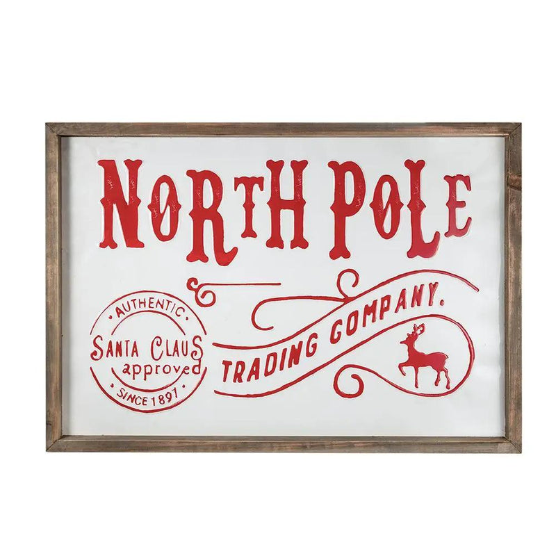 Iron / Wood North Pole Trading Company Wall Sign, For Christmas Holiday Table Wall Decor - White / Red by Unique Piece Furniture