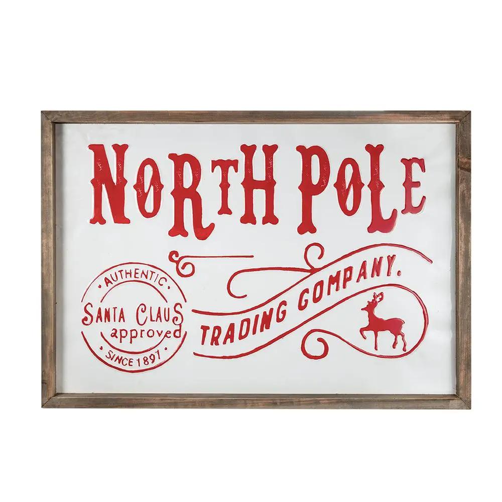 Iron / Wood North Pole Trading Company Wall Sign, For Christmas Holiday Table Wall Decor - White / Red by HouseOfZazla